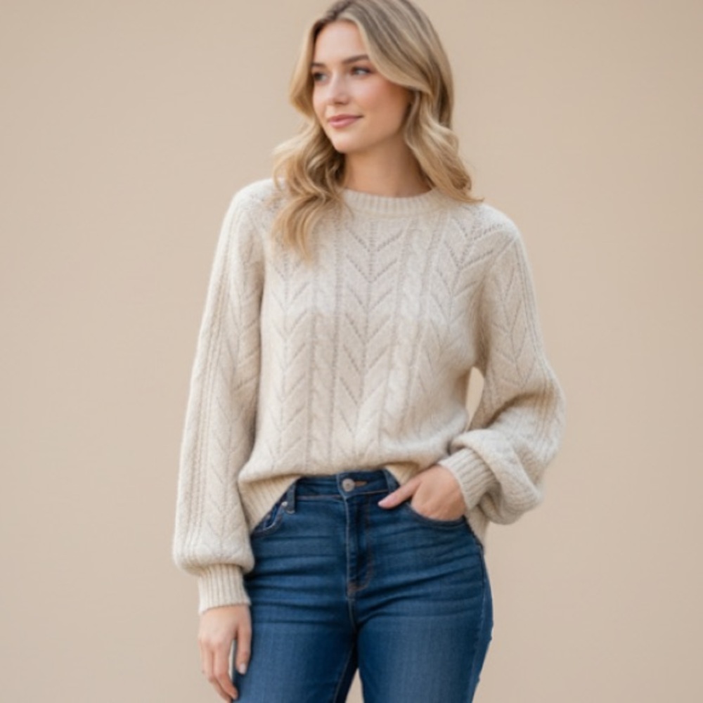 NWT Joanie Wool Pointelle Balloon Sleeve Crew Sweater Cream XS
